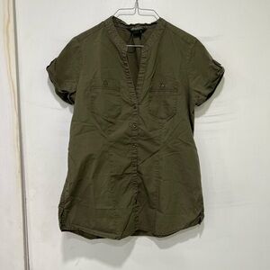 Eddie Bauer Split Neck Utility Hiking Button Up Cotton Women's Small Olive Green